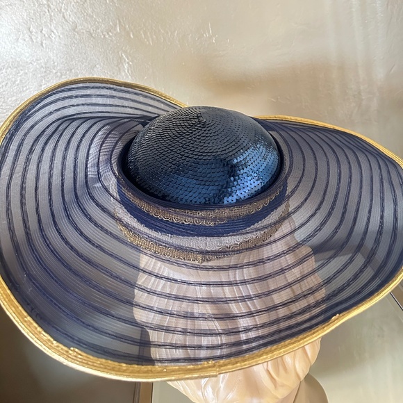 FAMOUS DESIGNER 1970s\' NAVY, WHITE & GOLD WIDE BRIM HAT + NAVY SEQUINS main image 9
